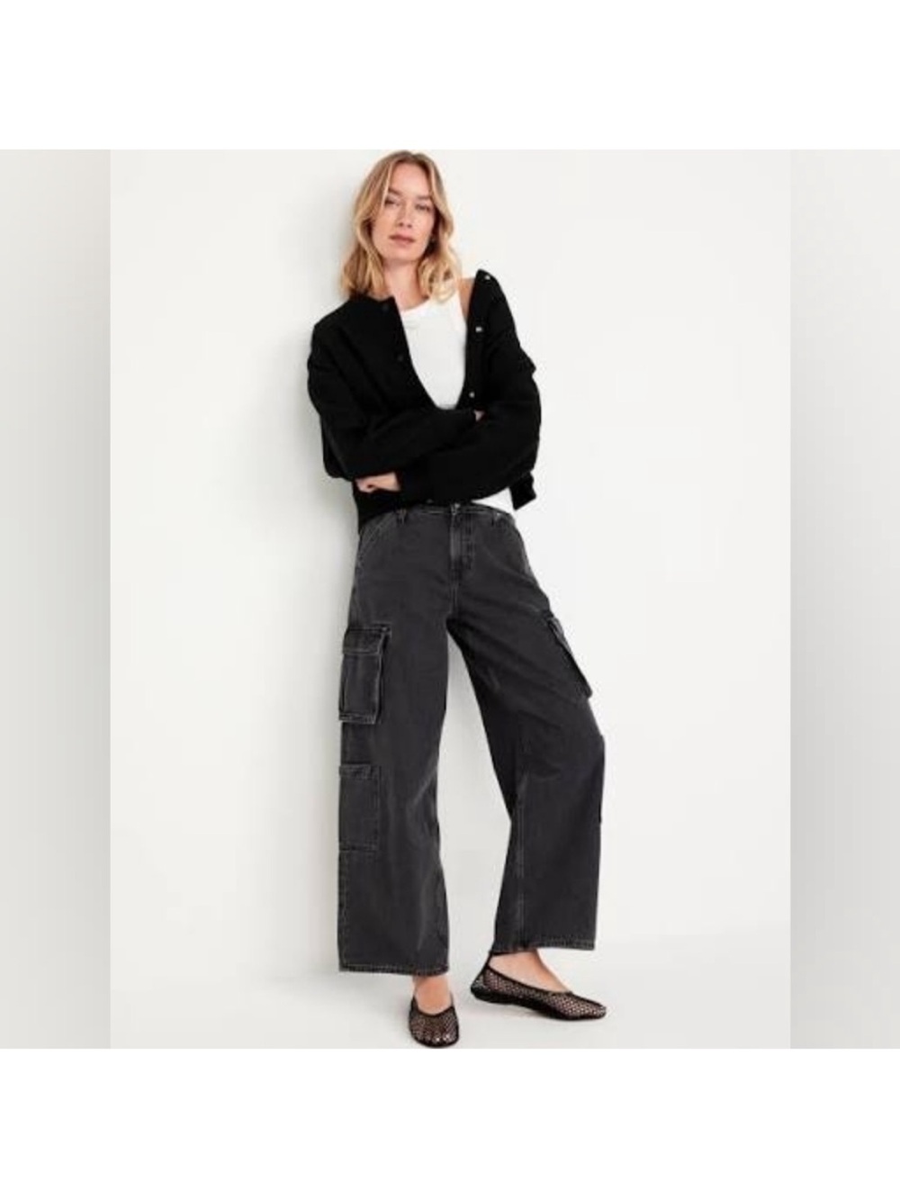 Old Navy Baggy Wide Leg Cargo Jeans mid rise drapey denim grey wash black 12 - Picture 2 of 11